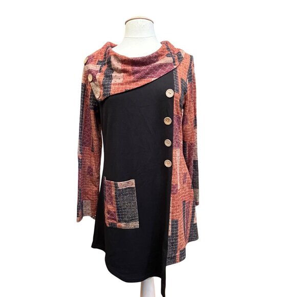 Radzoli Womens Asymmetrical Button Cowl Neck Patchwork Tunic Dress Small - Picture 1 of 10